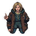 Young person with tousled blonde hair, wearing a brown jacket over a teal hoodie and ripped teal pants, hands raised in a mysterious gesture.