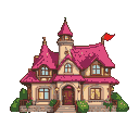 Whimsical pink-roofed pixie villa with cream walls, a grand entrance with wooden door and steps, green bushes, and a red flag atop a turret.