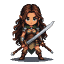 Stoic elven warrior in leather armor, holding two gleaming swords, with determined eyes and flowing chestnut hair.