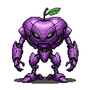 Purple metallic automaton shaped like an apple with a green leaf on top and glowing green eyes.