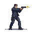 A figure in a tactical suit aims a pistol forward.