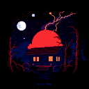 A solitary house silhouetted against a night sky with a large red moon, purple lightning, and gnarled tree branches.