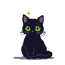 Black cat with large, luminous green eyes containing tiny pixelated stars and a faint green sparkle above its head.