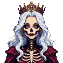 Skeletal queen with a jeweled crown, pale irises in hollow eye sockets, and crimson lipstick. White hair cascades around her skull face, and a deep red cloak covers her visible ribcage.