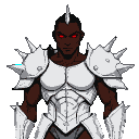 Warrior in white spiked armor with glowing red eyes.