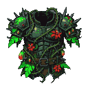 A dark, segmented suit of armor overgrown with vibrant jungle flora, including thorny vines, red flowers, and green leaves.