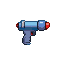 A retro-futuristic bubble gun with a light blue body, darker blue grip, and red nozzle and trigger.