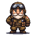 Stout, jovial pilot in WWII-era brown flight suit, helmet and goggles on head, rosy cheeks, bushy white mustache, and bright eyes.