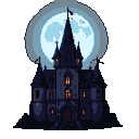 A dark, gothic castle with illuminated windows stands against a large, pale moon in a dusky sky.
