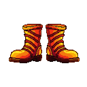 Fiery orange and yellow pixelated boots with diagonal bands and brown soles.