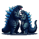 Colossal dark blue Godzilla with glowing red eyes and blue-lit dorsal fins gently embraces a smaller, metallic Meca Godzilla with blue accents.