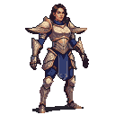 Female warrior in ornate golden armor, with dark hair and a royal blue tunic, standing ready for battle.