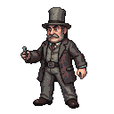 A mad scientist in a suit and top hat holds a metallic object.