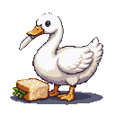 A plump white duck with an elegant neck holds a bread knife in its beak, standing next to a sandwich with visible lettuce.