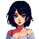 Young anime woman with large blue eyes, short dark hair, and bare shoulders wearing a light purple garment.