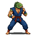 A humanoid fighter with a green fish head, wearing a blue gi and red belt, stands in a combat-ready pose.
