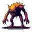 A hulking, dark purple creature with fiery orange and yellow highlights, a spiky mane, clawed hands, a toothy grin, and glowing eyes.