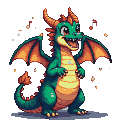 Emerald green dragon with orange wings and horns, singing joyfully with mouth open, surrounded by floating musical notes.