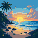 Sunrise over a tropical beach with turquoise ocean waves, dark rocks, a starfish, and a palm tree.