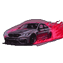 Tuned BMW coupe drifting with fuchsia and red pixelated smoke against a black background.