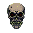 Menacing skull with glowing red eyes and a wide, toothy grin, rendered in sharp pixel art.