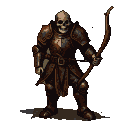 Skeletal warrior in rusted armor holding a drawn wooden bow, poised for attack.