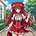 Young anime-style woman with long, fiery red hair, cat-ear accessories, and large green eyes. She wears an ornate red and white dress with a bow and is posing with one hand raised. The background shows a park with trees and a paved walkway.