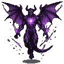 Towering humanoid dragon with obsidian scales, pulsing violet energy veins, and an arcane core. Ethereal shadow and electric energy appendages replace wings. A serpentine tail trails behind. The atmosphere crackles with violet lightning and levitating debris.