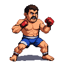 MMA fighter in blue shorts and red gloves, standing in a fighting stance, determined expression, prominent mustache, muscular physique.