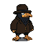 A shadowy, cloaked crow-like figure with a wide-brimmed hat, sharp orange beak, and a single watchful eye.