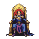 Regal elf warrior in blue robes and golden armor sits on a glowing, ornate pixel art throne with a golden halo.
