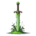 Stylized green algae sword with a brown hilt plunged into dark rocks, emitting an otherworldly glow.