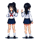 Anime schoolgirl with black ponytail, white sailor uniform, red ascot, and blue skirt, smiling and making a peace sign. She holds a small red object. Two views are shown: front-facing and three-quarter profile.