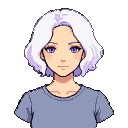 Young woman with short white wavy hair and violet eyes, wearing a lavender t-shirt.