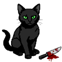A black cat with emerald eyes sits beside a blood-stained knife.