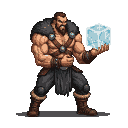 A muscular barbarian with a fur collar holds a shimmering ice cube.