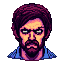 Stern, bearded man with glowing eyes and dark hair, wearing a blue shirt, in a retro gaming style.