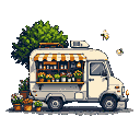 A white food truck, functioning as a flower stand, with its awning open and shelves filled with colorful flowers.