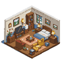 Cozy bedroom interior with a double bed, overflowing bookshelf, television, armchair, coffee table, and a plant, illuminated by natural light from a window.