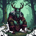 A Shurale forest spirit with deer antlers and fiery red eyes, cloaked in dark fur and a tattered crimson garment, crouches menacingly in a misty, shadowed forest.