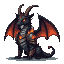 A dragon with a goat's head and bat-like wings, covered in glowing ember armor, sits stoically with partially spread wings.