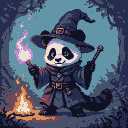Panda wizard conjuring purple flames with a staff in a mystical forest.