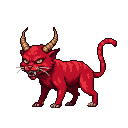 A red demon cat with bared fangs, glowing eyes, and curved horns.