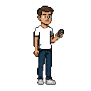 Young man in black t-shirt and blue jeans holds a dark object to his face, looking at it.