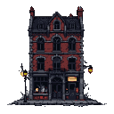 A weathered, abandoned gothic building with dark arched windows and a steep roofline, flanked by dimly lit gas lamps on a desolate street.