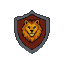 A lion's head with an orange and yellow mane on a deep red shield with a grey border.