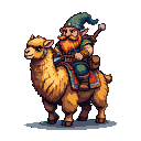 Mischievous dwarf with orange beard and blue hat rides a camel.