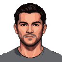 Pixel art portrait of a man with short dark hair, a strong jawline, and a neutral expression, wearing a grey t-shirt.