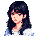 Young woman with dark hair in two buns, black eyes, and a gentle expression, wearing casual, forest-inspired attire.