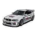White BMW M3 GTR with racing decals, prominent rear spoiler, and custom body kit, shown in a three-quarter view against a black background.